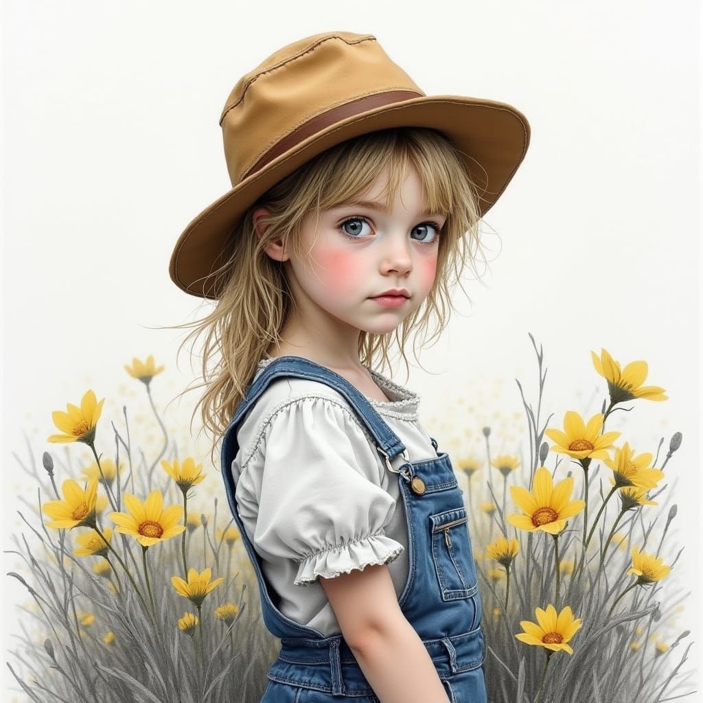 Whimsical Ultra Realistic Grey Pencil Sketch of a Little Gir...