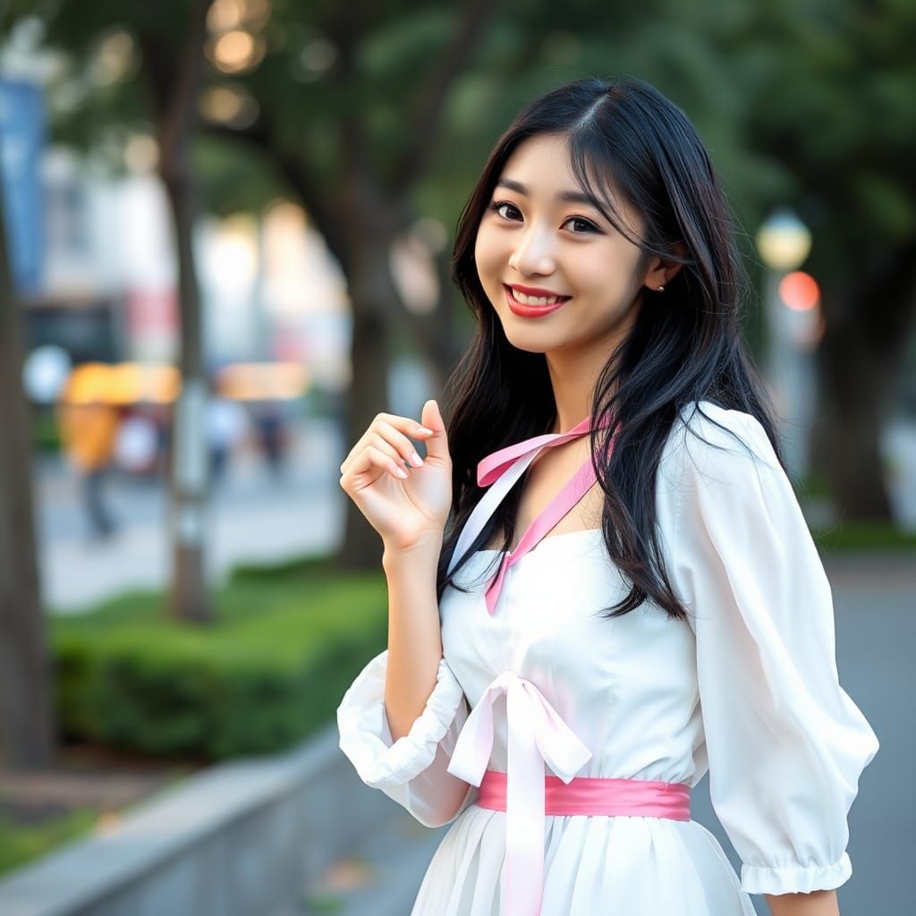 Japanese Woman in Ribbon Dress, Fashion Photography