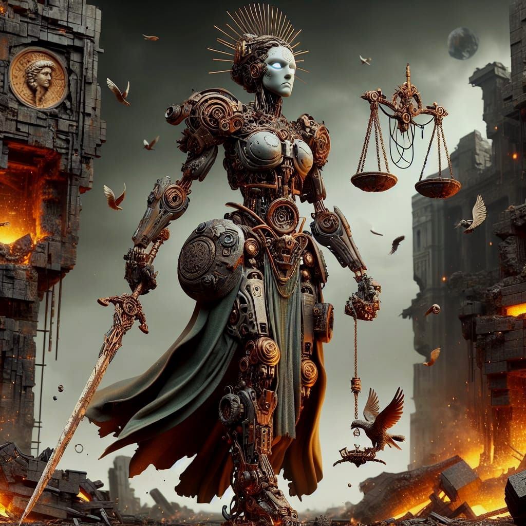 Colossal Steampunk Android Lady Justice Embodies Law and Ord...