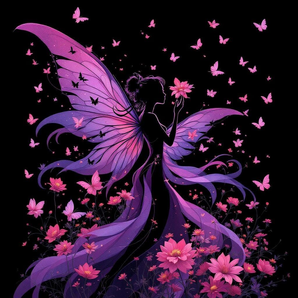 Elegant Fairy Silhouette with Flowing Wings and Butterflies