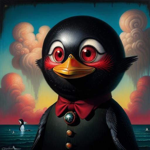 Surreal Penguin with Large Eyes in Pixar Style