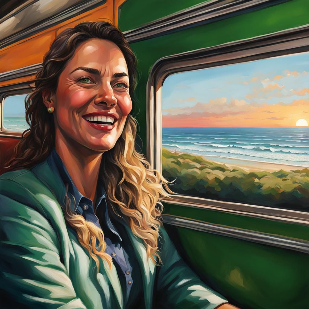 Pacific Train Ride at Sunset: Hyperrealistic Splash Art