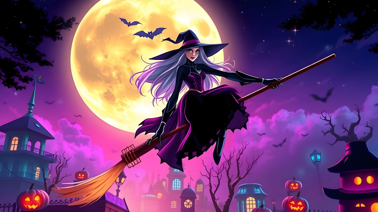 Futuristic Witch Flying Across Halloween Sky