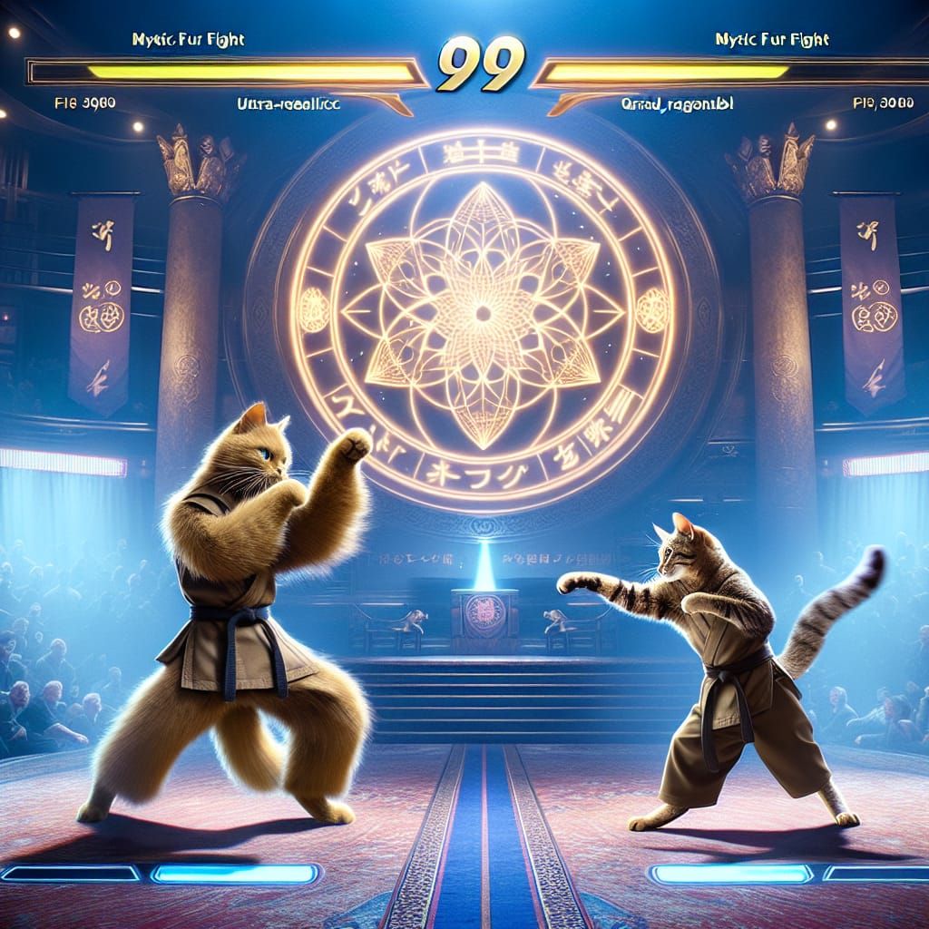 Cats in Martial Arts Combat in a Mystical Arena