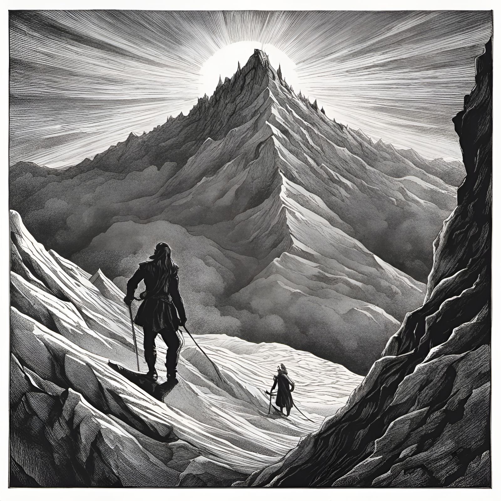 Icy Mountain Climb in William Blake Engraving Style