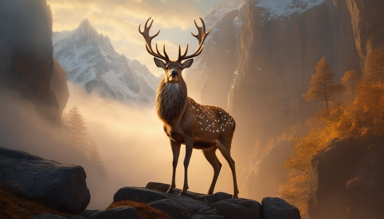 Mythological Deer Overlooks Misty Fjord