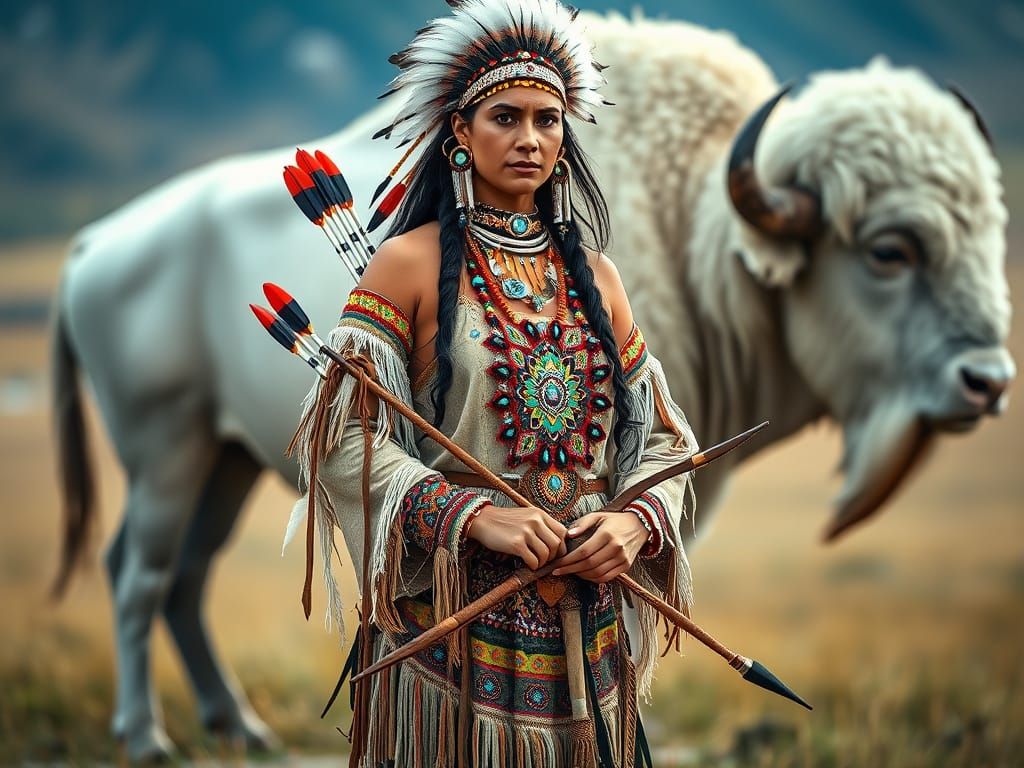 Native American Woman and Mythical White Buffalo
