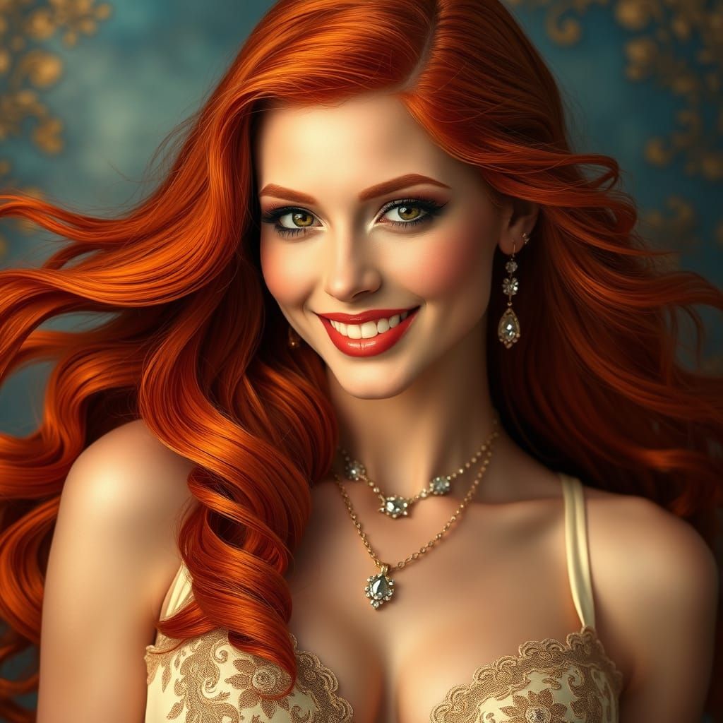 Glamorous Redhead in Cream Gold Silk Bra Top and Diamond Jew...
