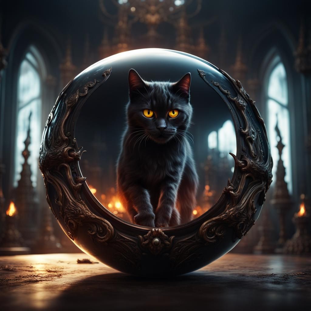 Cute Black Cat with Demon Eyes in Sphere