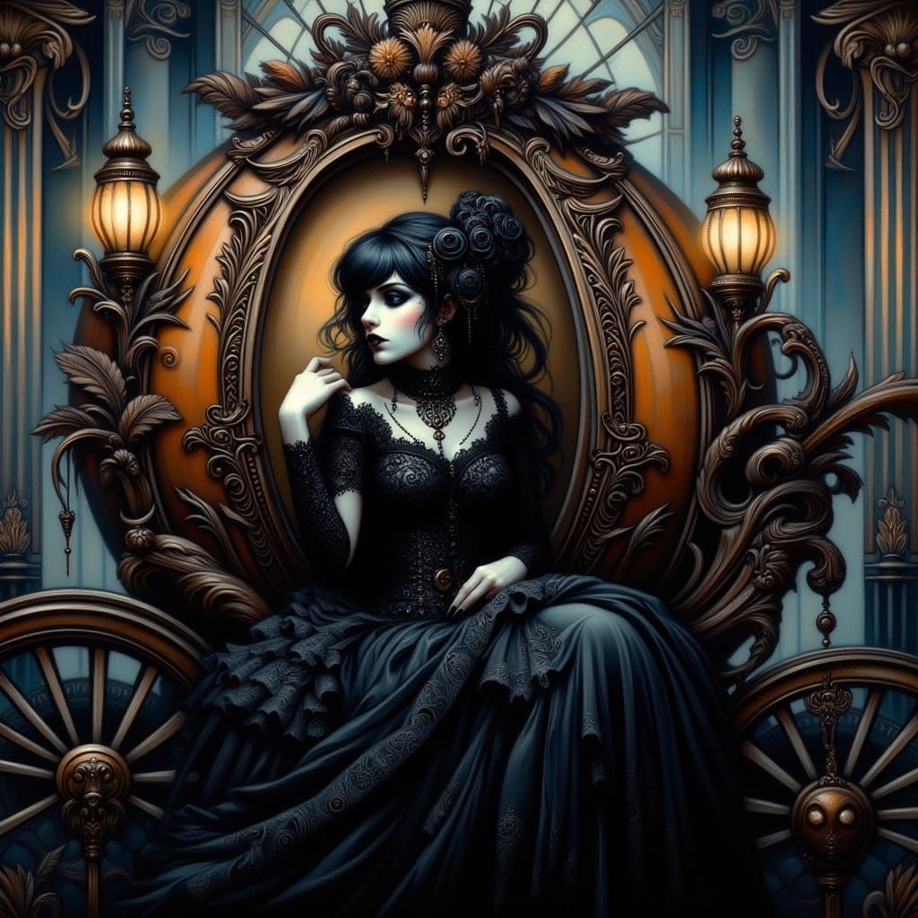 <lora:Romantic Goth:1.0> goth Cinderella, pumpkin coach