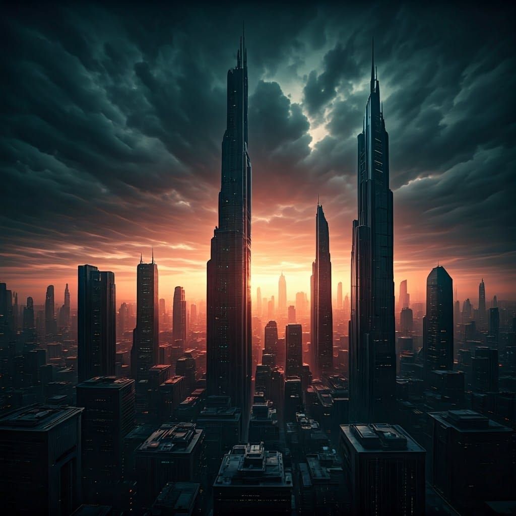 Dystopian Cityscape at Dusk in Cyberpunk Style