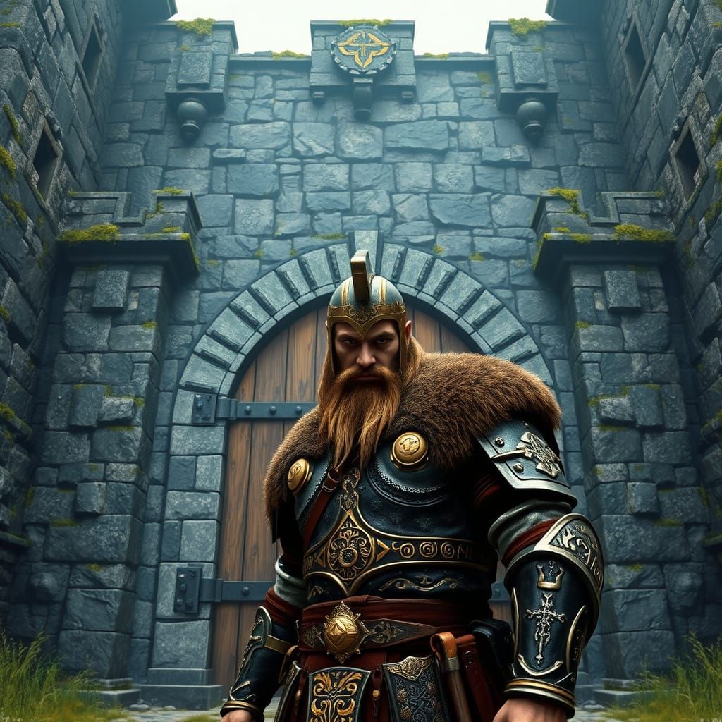 Viking Warrior Confronts Medieval Castle Entrance