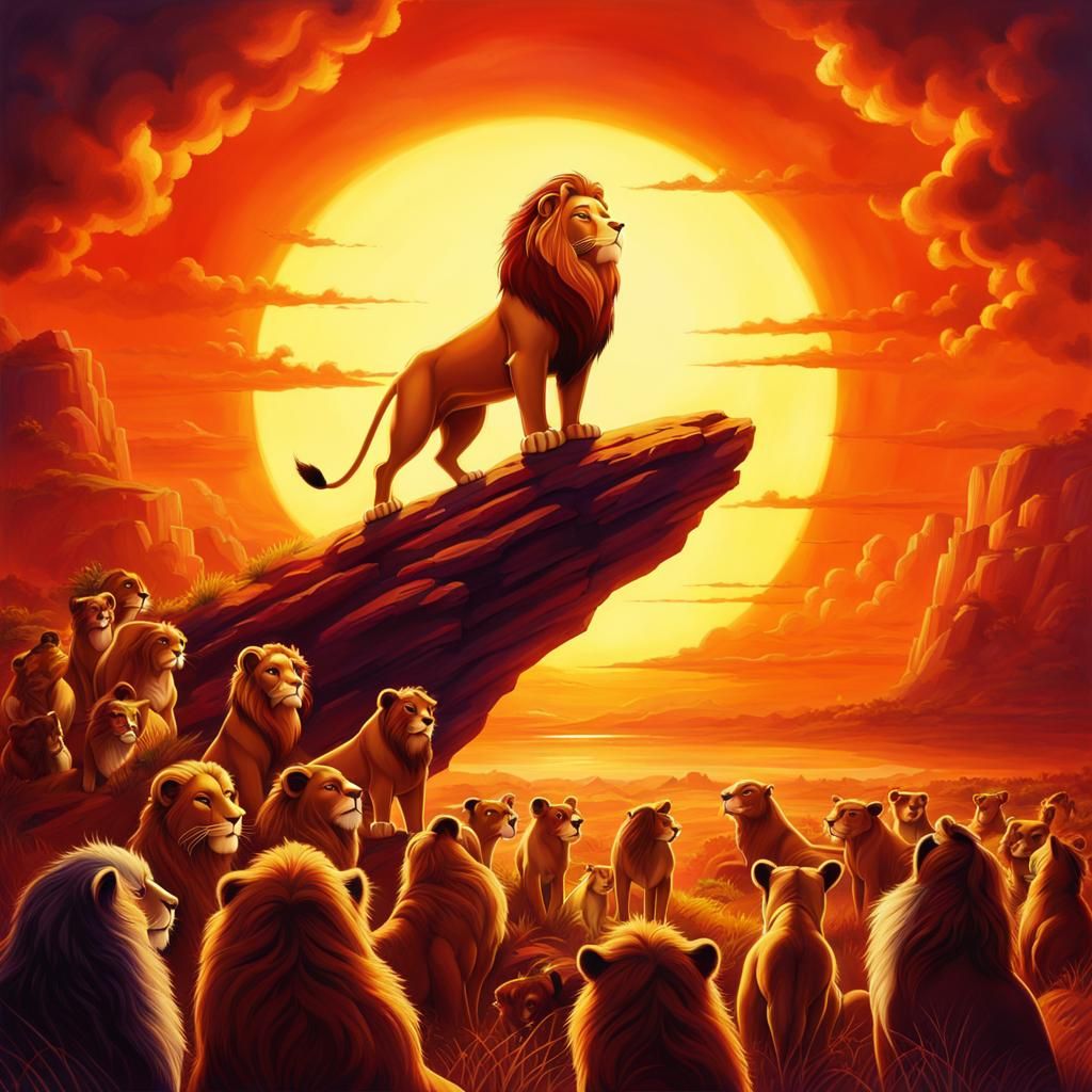"Creates a majestic scene inspired by 'The Lion King,' where...