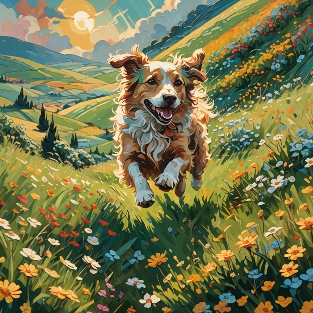 Dog Running in Fantastical Landscape as Oil Painting