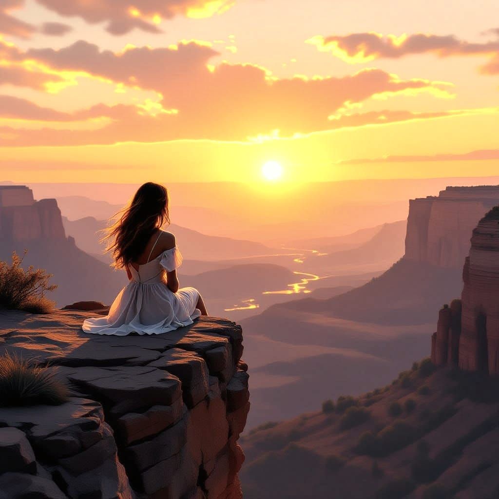 Young Woman Watches Sunset Over Hazy Valley