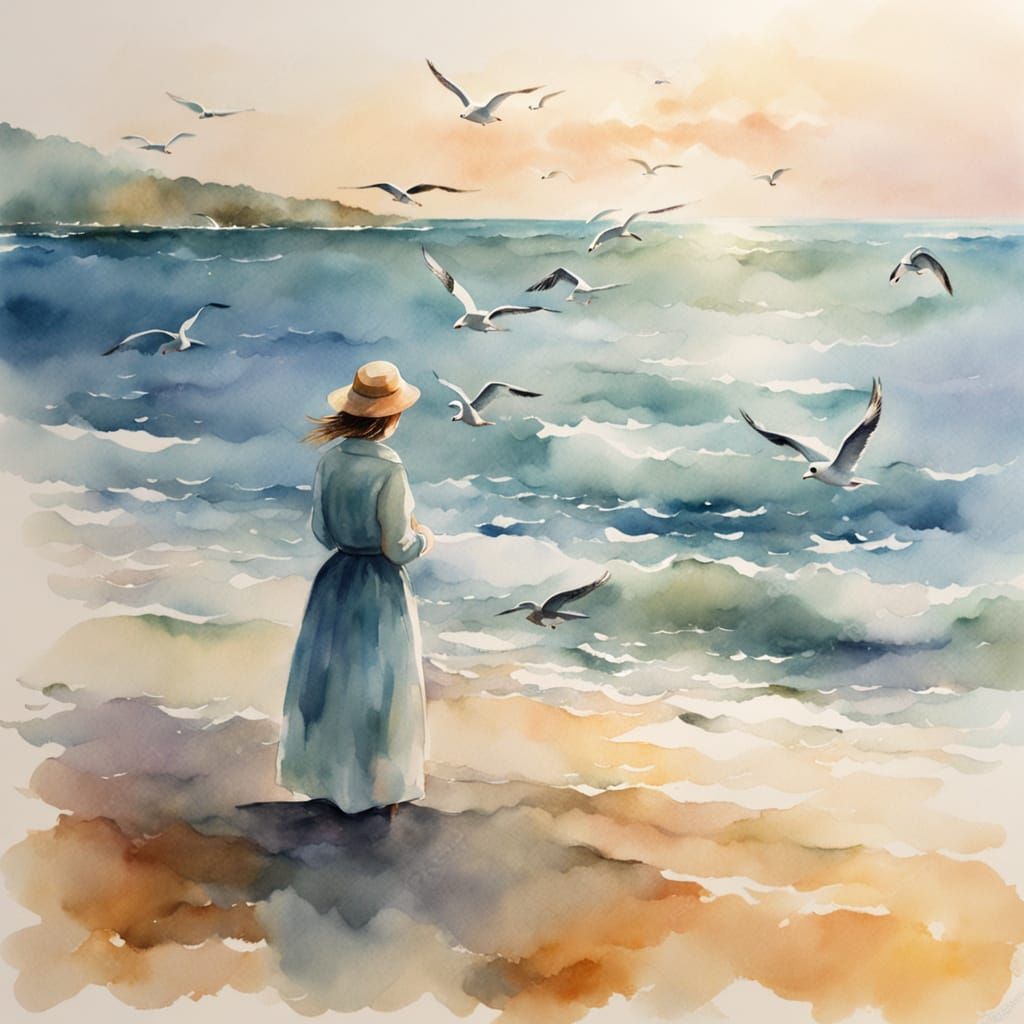 Serene Woman by the Sea in Watercolor Style