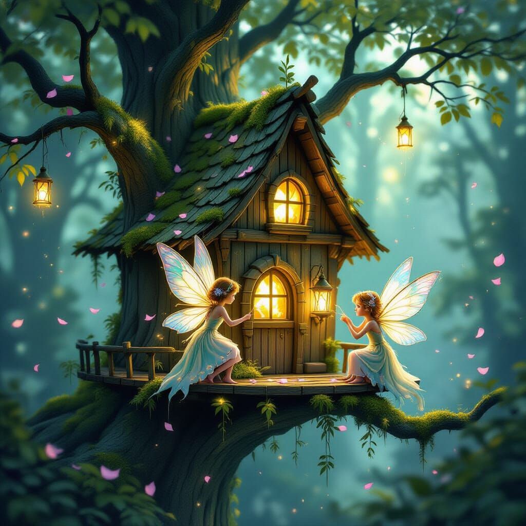 Fairies in Glowing Treehouse After Storm, Ancient Forest Art