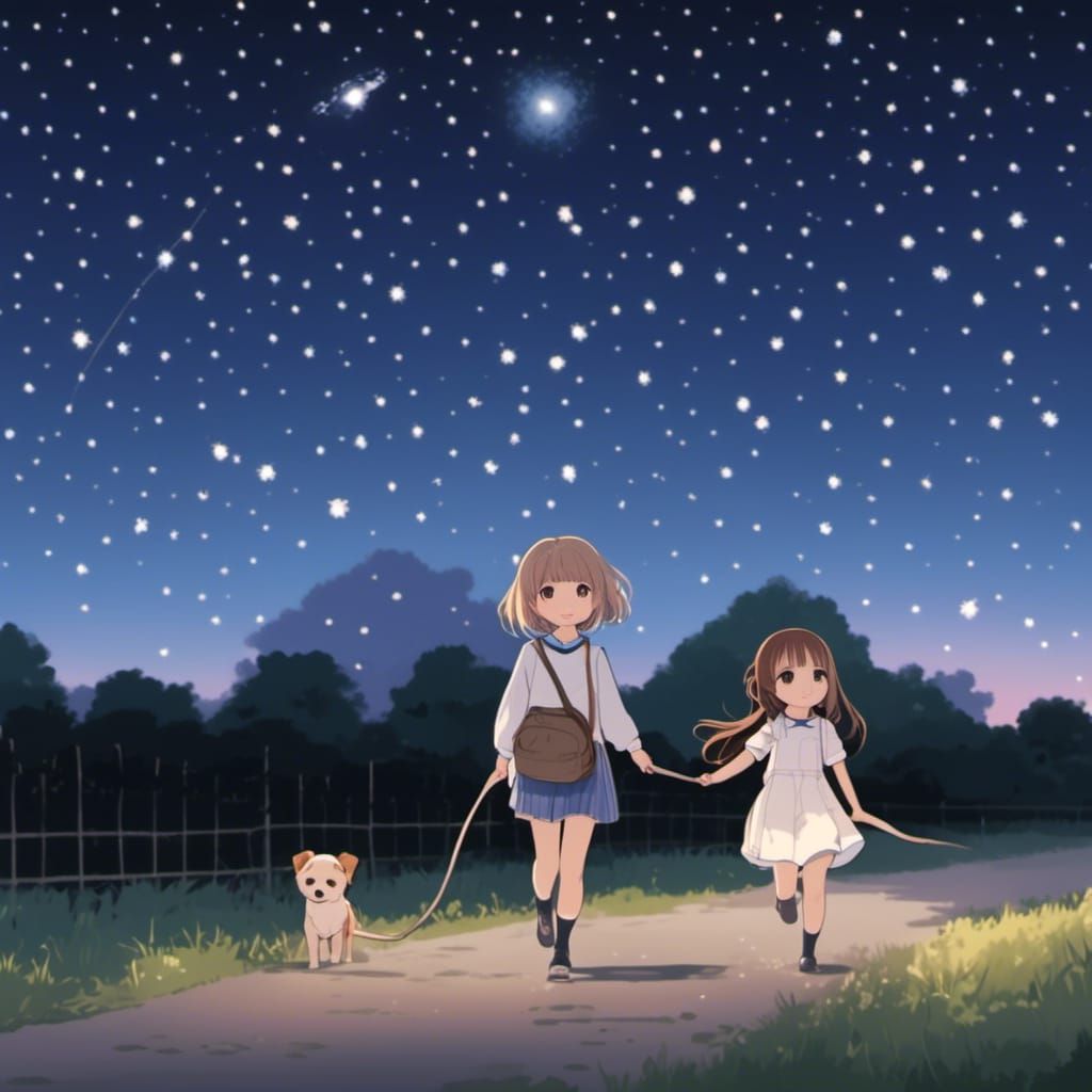Sisters Dog Walk Under Starry Sky in Anime Style