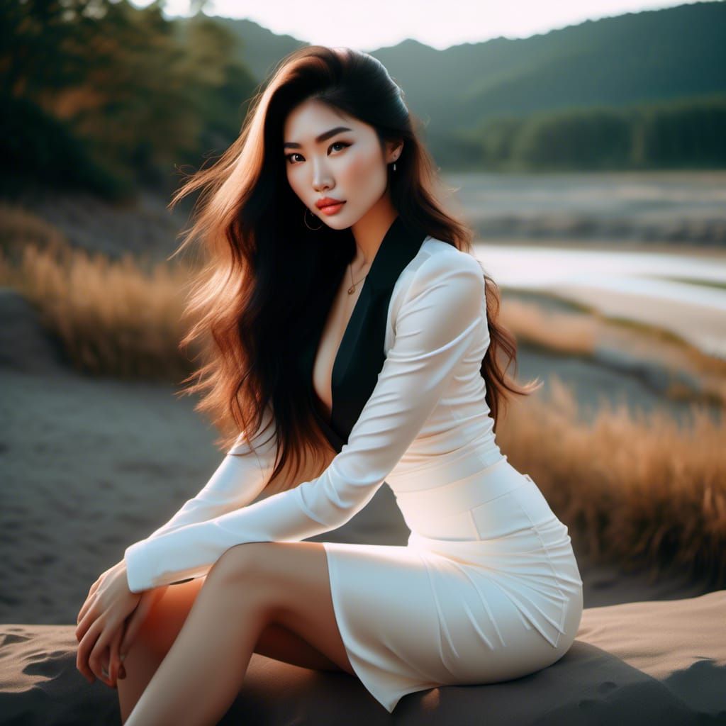 Beautiful Asian woman with long wind blown hair, sitting down wearing white