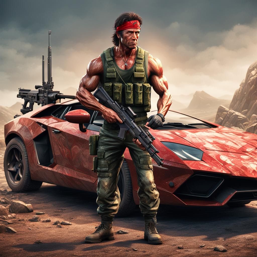 Rambo and Armored Lamborghini: Hyperrealistic 3D Render