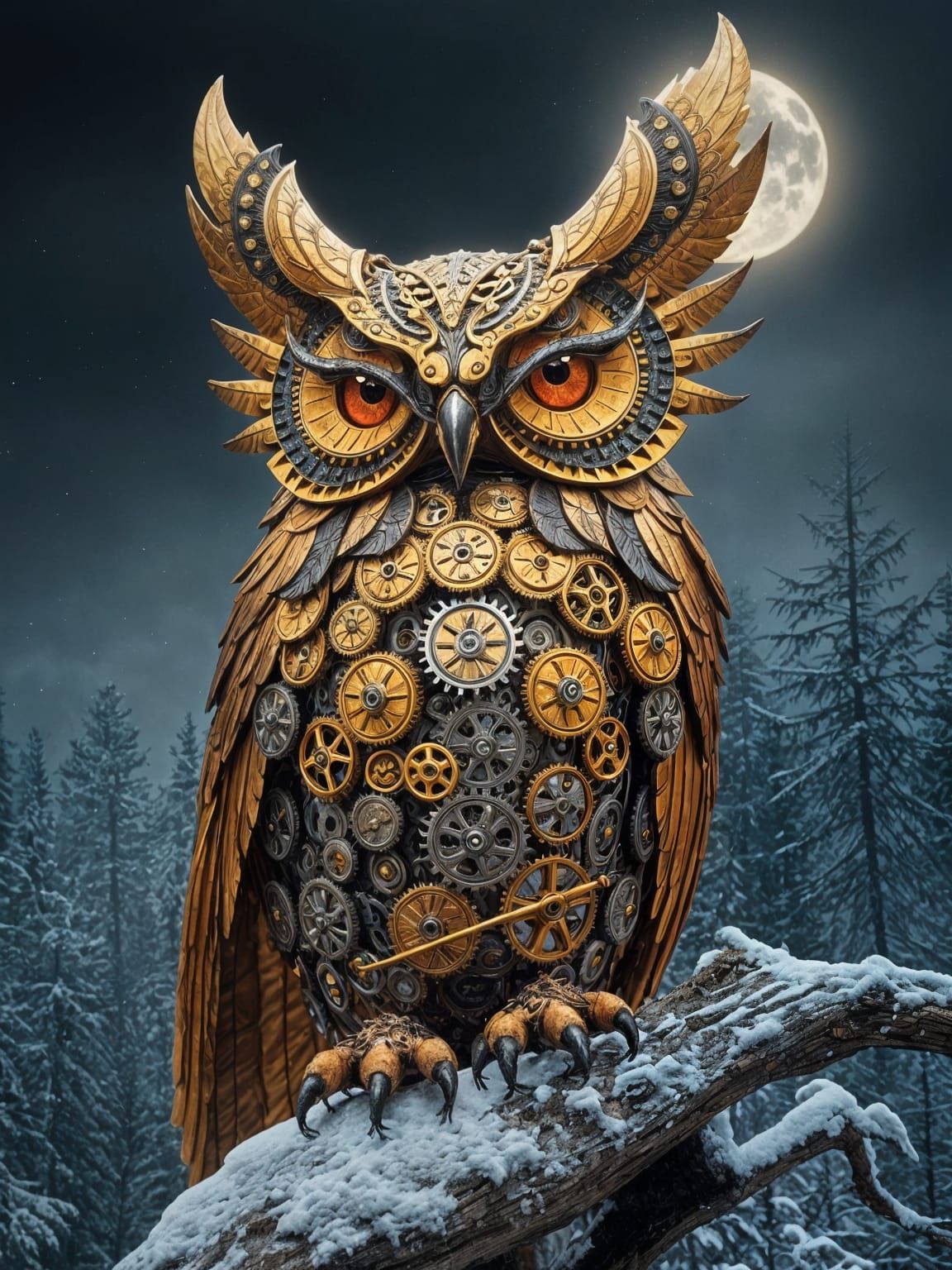 Golden Steampunk Owl Sculpture in Winter Landscape