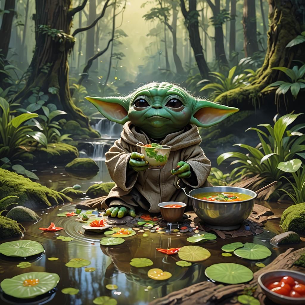 3d art of a Guizmo with "Grogu" or Baby Yoda eating a green ...
