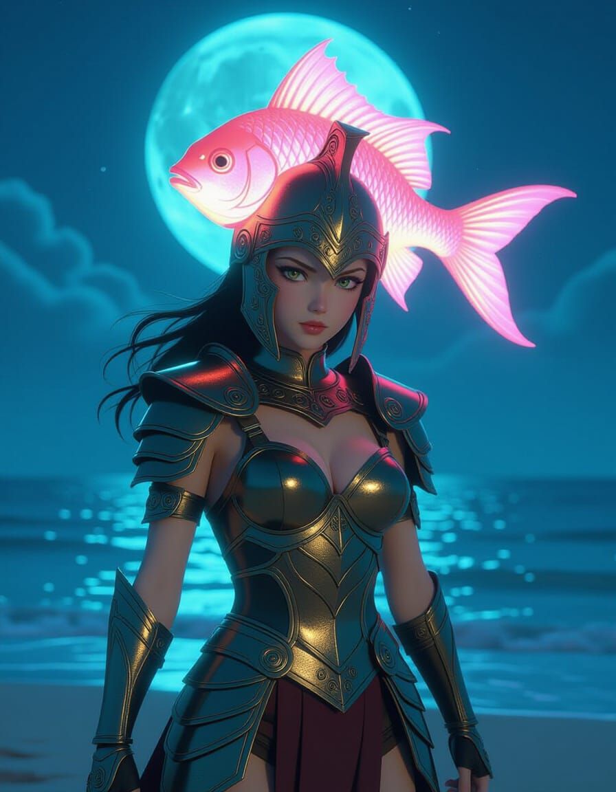 Woman in Fish Helmet Gladiator Armor on Moonlit Beach