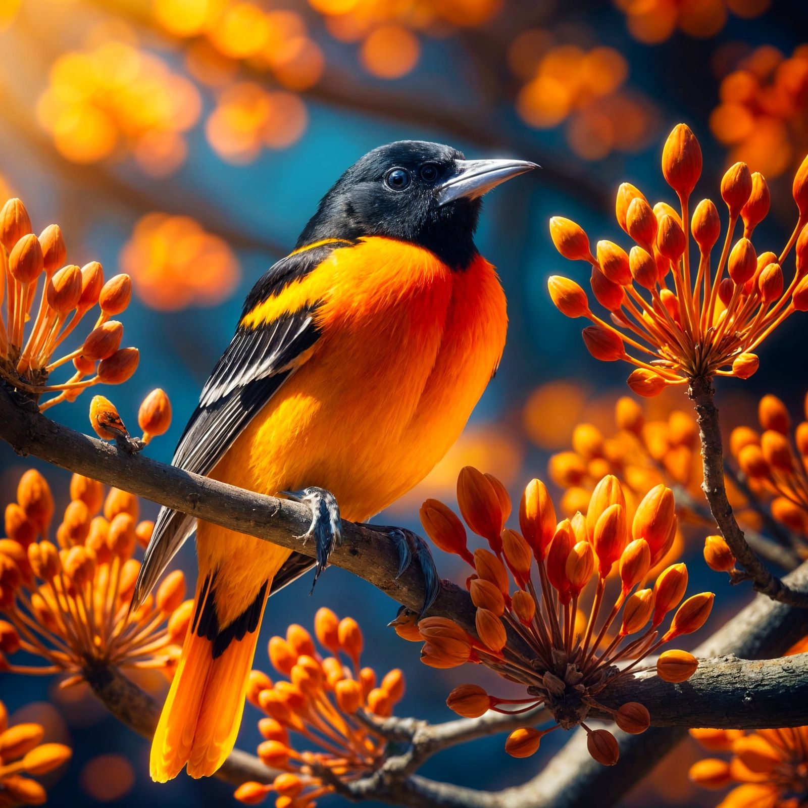 Vibrant Baltimore Oriole Perched in a Blooming Tree