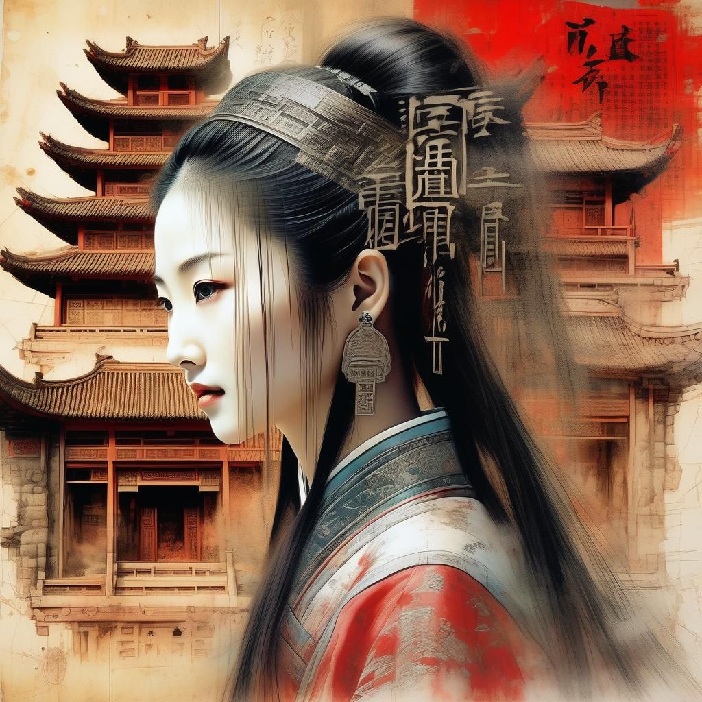 Chinese Princess in Ancient Landscape, Glitch Art