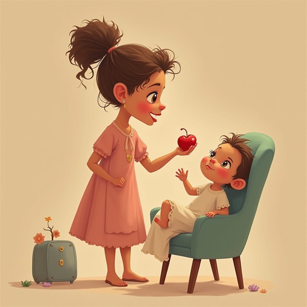 Mother Feeding a Heart with Arms and Legs in a Cozy Animated...