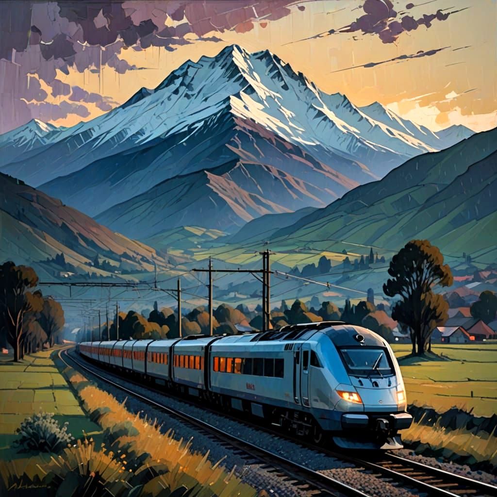 Modern TGV Train at Dusk with Snowy Mountains