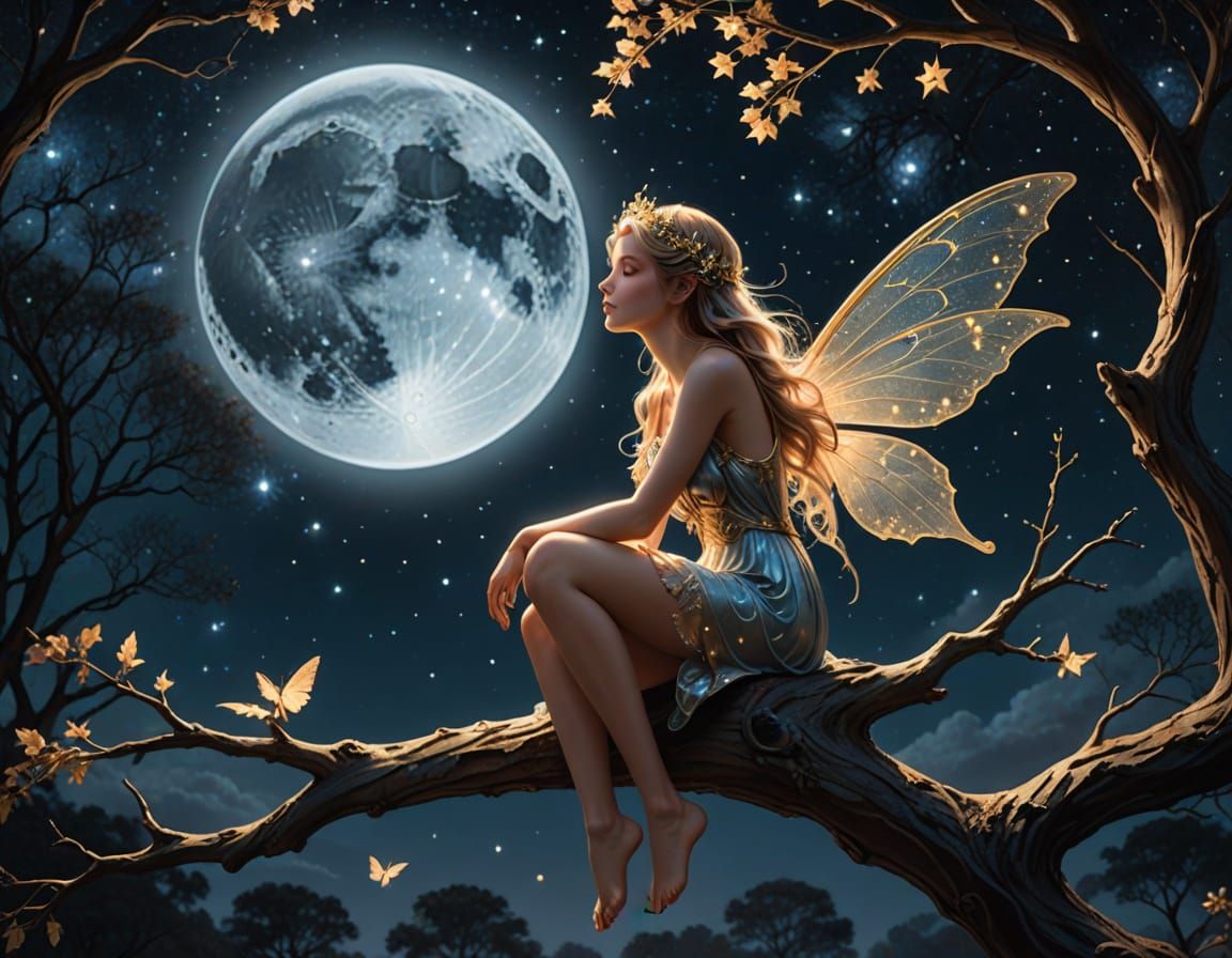 Moonlit Fairy in Starry Night: Fantasy Art