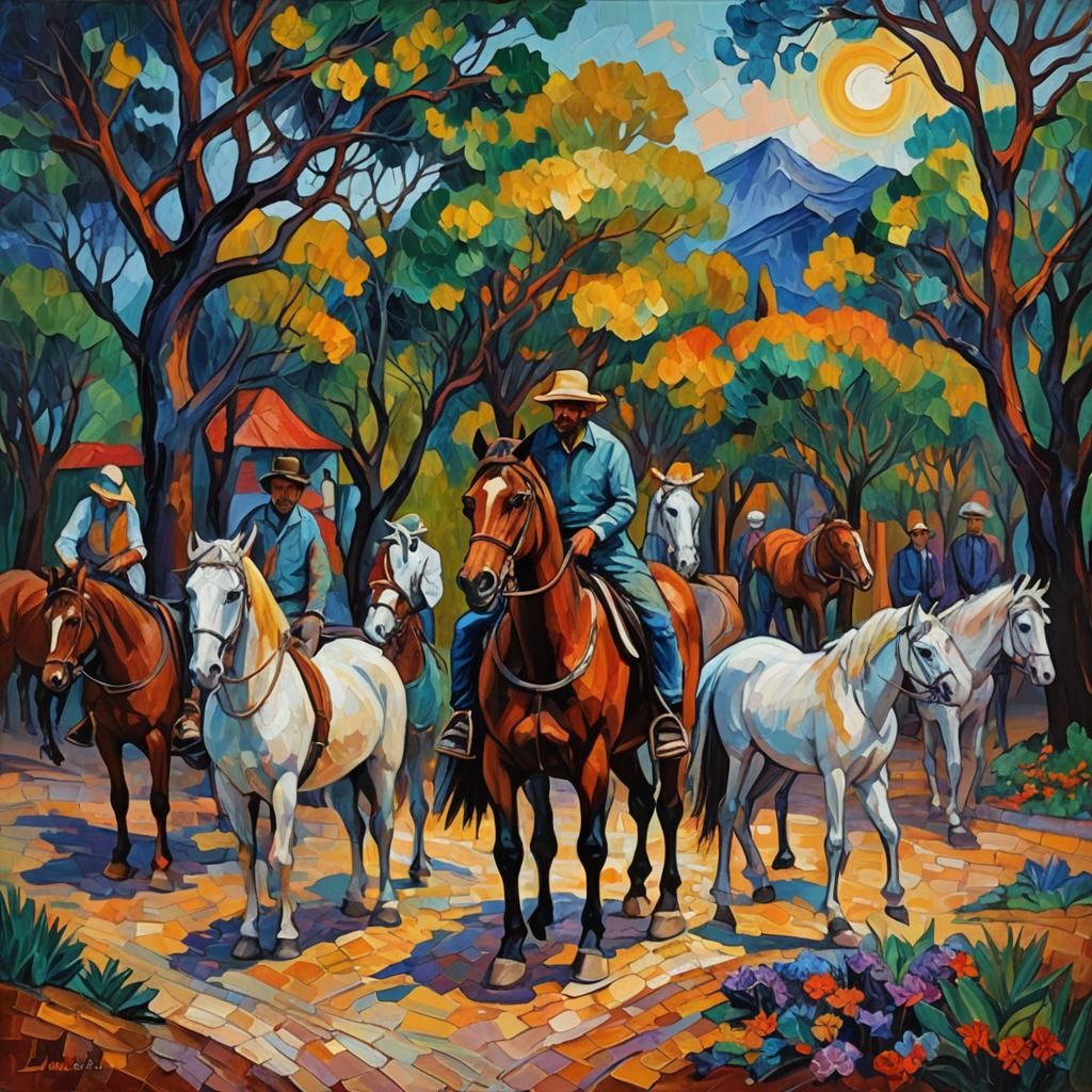 Expressionist Horses in Neo-Impressionistic Oil Painting