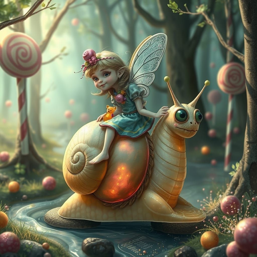 Candy Sprite on Bioluminescent Snail in Fairytale Forest