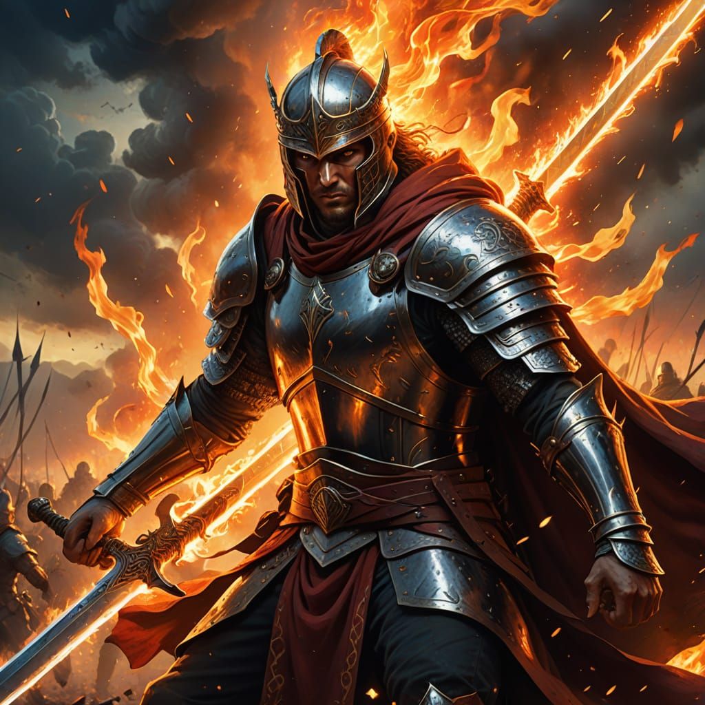 Glowing Sword in Fiery Epic Fantasy Battle