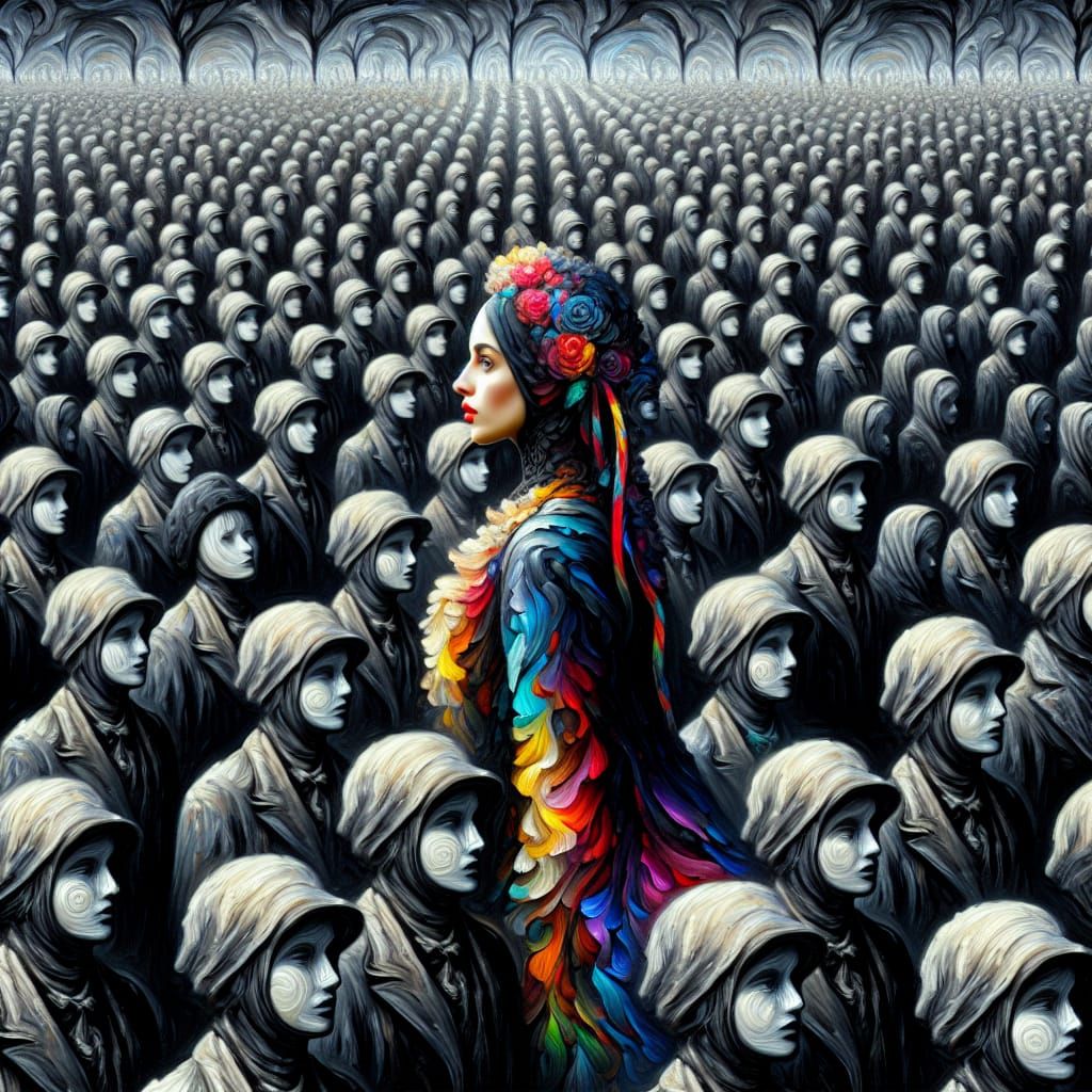 Colorful Girl in Monochrome Crowd, Symbolist Art