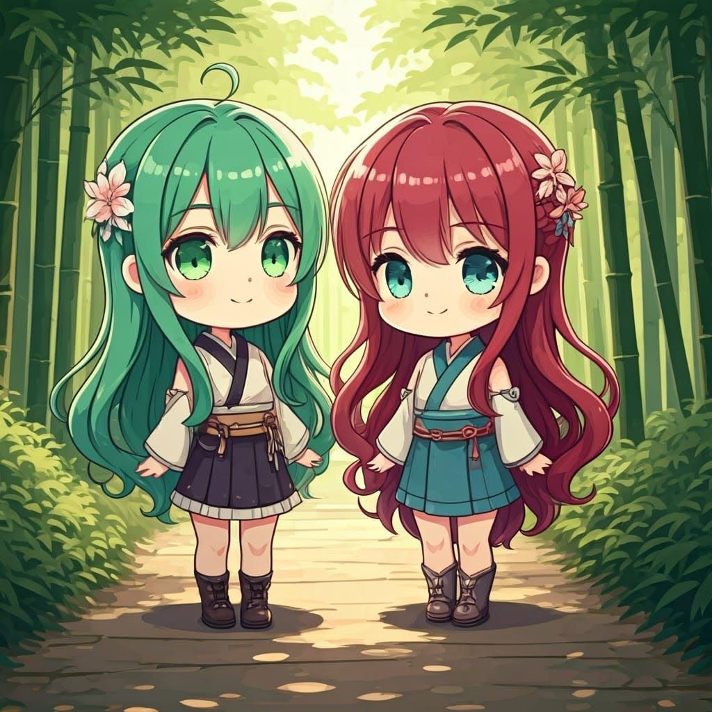 Chibi Women Strolling in Bamboo Forest: Manga Style