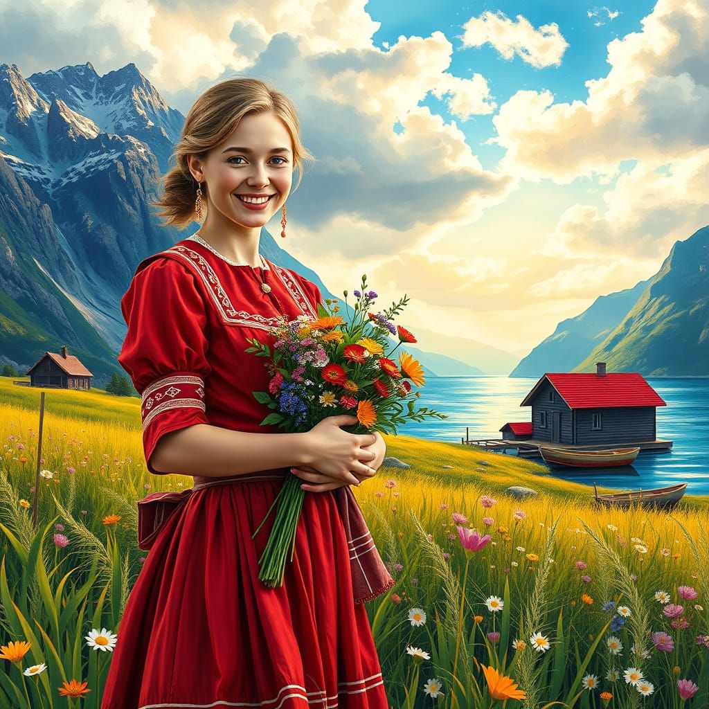 A Young Woman in Traditional Norwegian Costume in a Van Gogh...