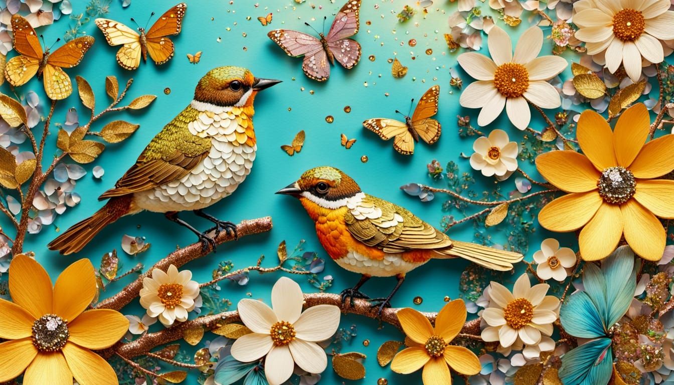 Sparkling Bird and Flower Collage in Folk Art Style