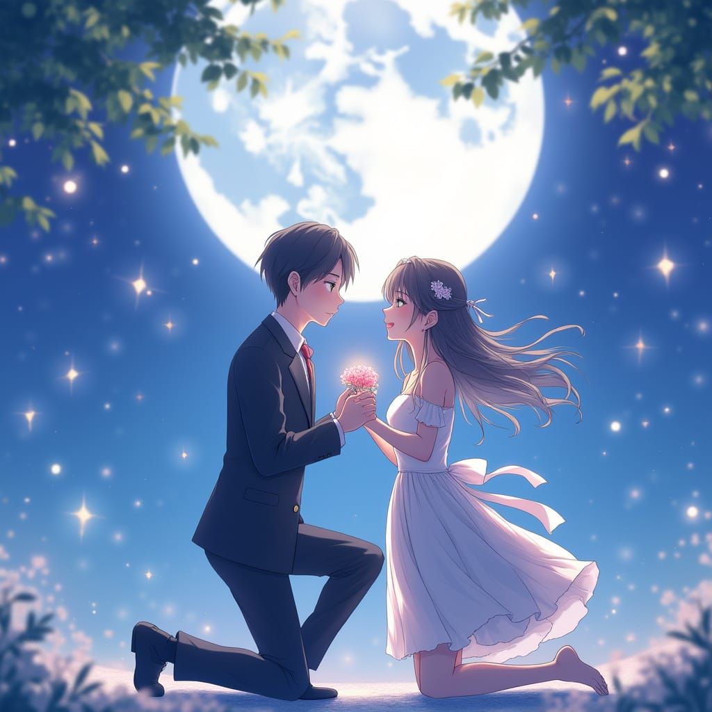 Romantic Moonlight Proposal in Anime Style