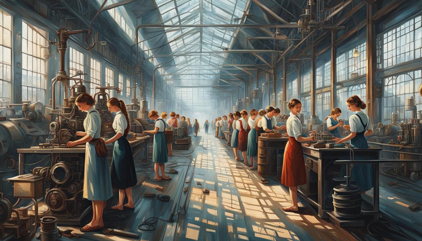 Steampunk Factory Scene in Soviet Realism Style