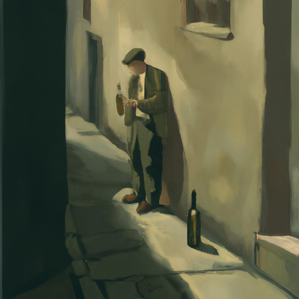 Homeless Man with Bottle in Gritty Urban Alley