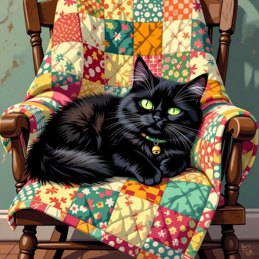 Black Cat Nap on Quilt in Hyperrealistic Comic Style