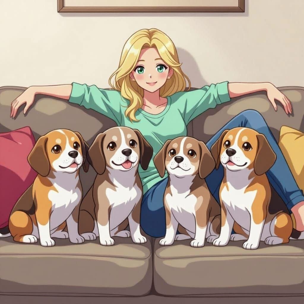 Four Beagles and Blonde Woman on Sofa in Anime Style