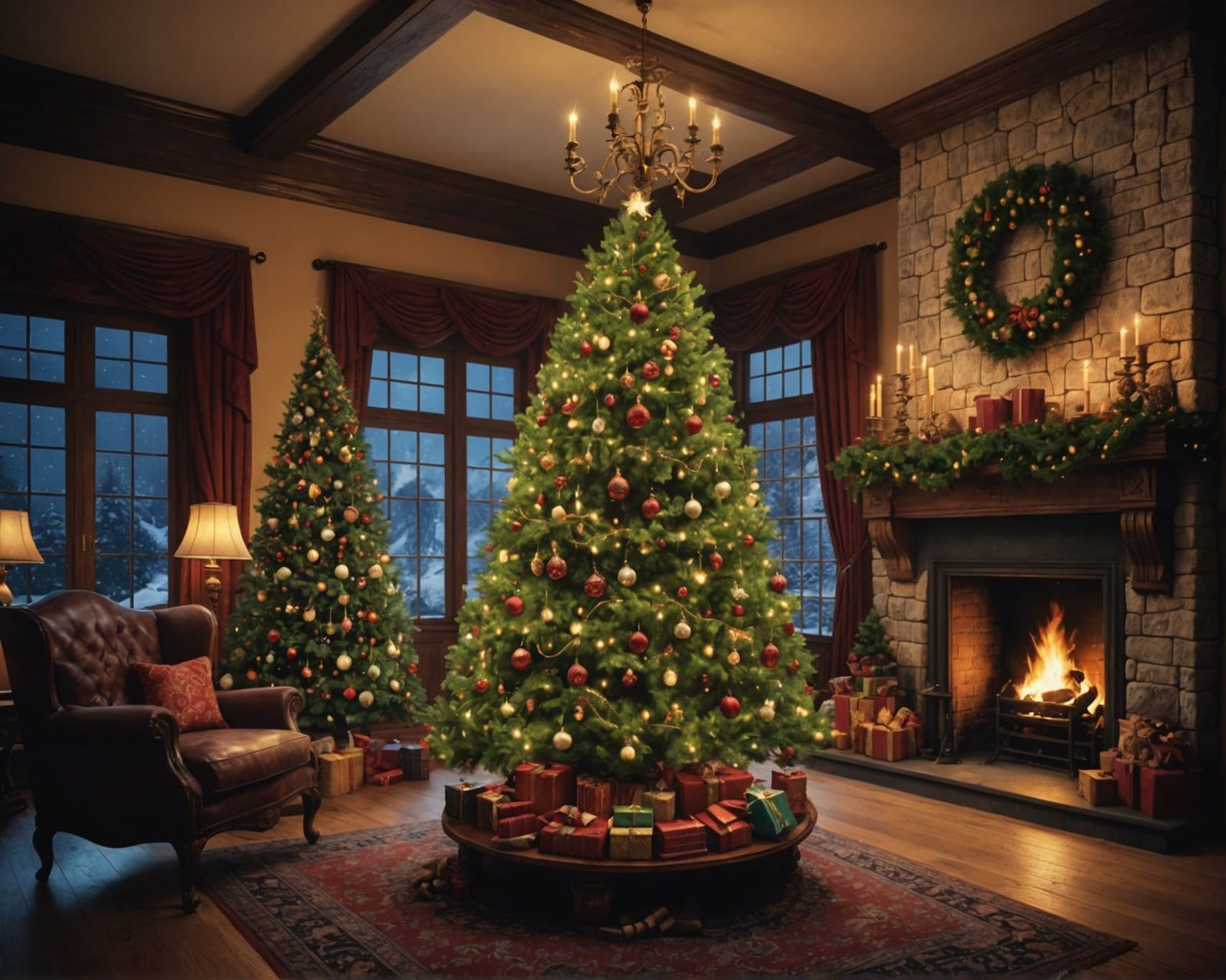 Cinematic Christmas Tree Near Fireplace