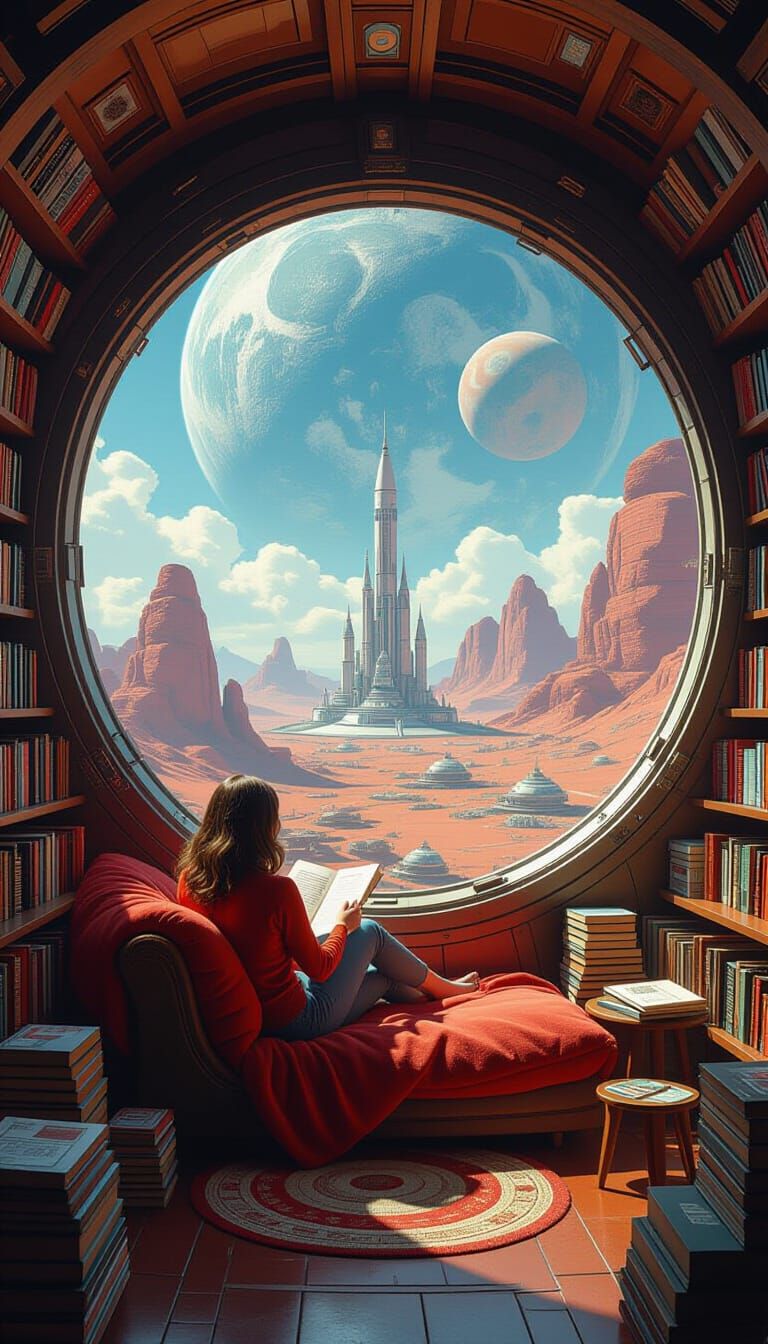 Alien Reader in Vibrant Space Station Library