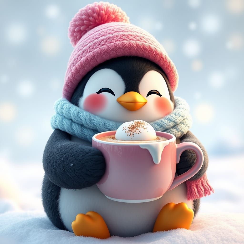 Penguin in Winter Outfit Enjoys Hot Chocolate