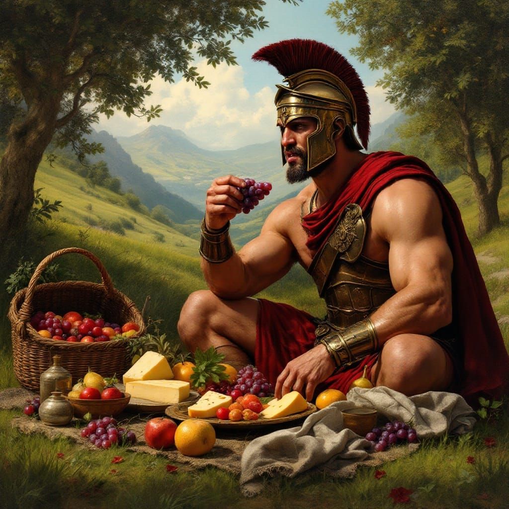 Spartan Warrior Savoring a Fruitful Moment