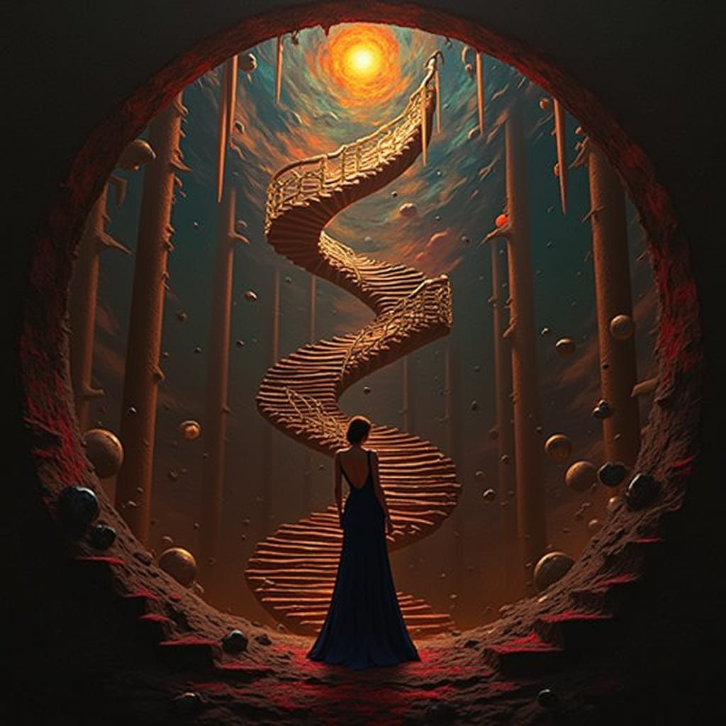 Elegant Woman on Abstract Staircase in Hyperrealism