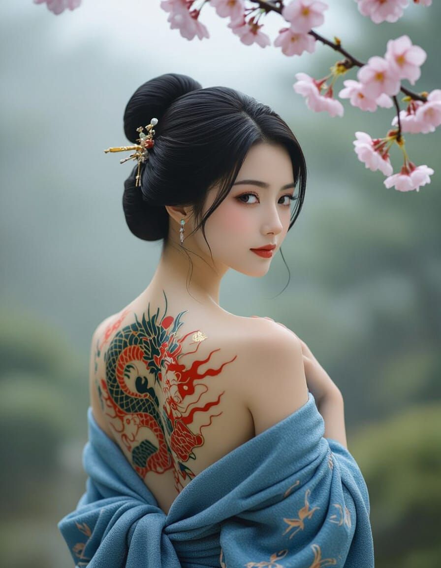 Jade Woman with Dragon Tattoo in Japanese Art Style
